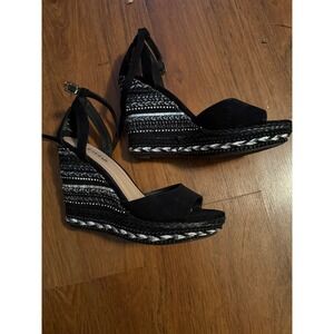 JUST FAB KASABI Black Suede Beaded Wedge Sandals Women US 9 EU 40 Ankle Strap